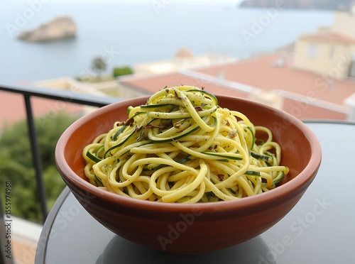Zucchini Pasta Feast in Nature's embrace: Exquisite spaghetti arranged gracefully in a terracotta bowl, elegantly garnished, set amidst the gentle embrace of nature.