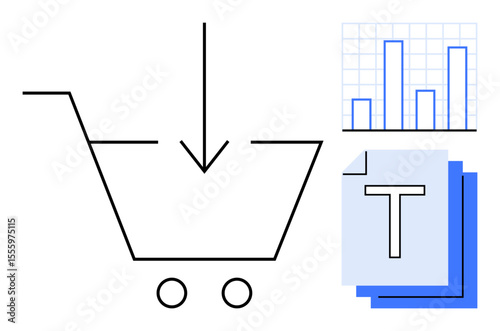 Shopping cart icon with downward arrow, bar chart analytics, and stacked document icons. Ideal for e-commerce, data analysis, digital content, online tools, downloads, marketing simple landing page