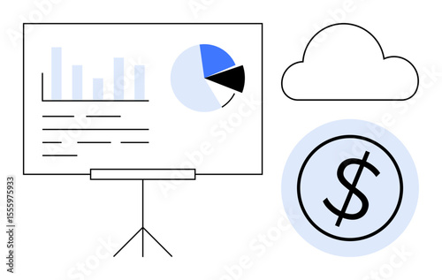 Bar chart and pie chart on stand with cloud icon and dollar sign. Ideal for finance, cloud computing, data analysis, technology, business, online storage, economy concepts. Simple flat metaphor