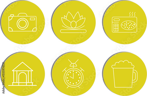 Set of Circular Icons: A collection of six vibrant, circular icons, each uniquely designed with a minimalist aesthetic, representing a variety of everyday objects and concepts.