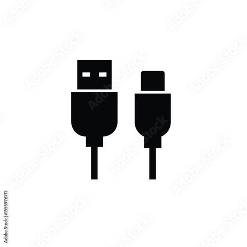 A minimalist black and white Silhouette illustration of a USB cable connection