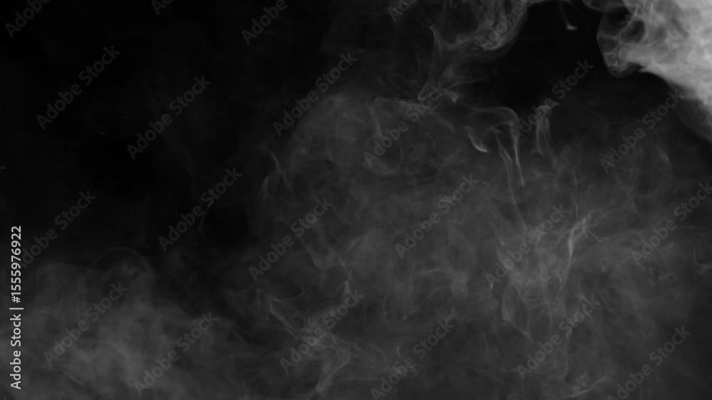 A heavy, dense white smoke or fog rolls slowly from the top left corner, creating a thick, atmospheric texture on a black background