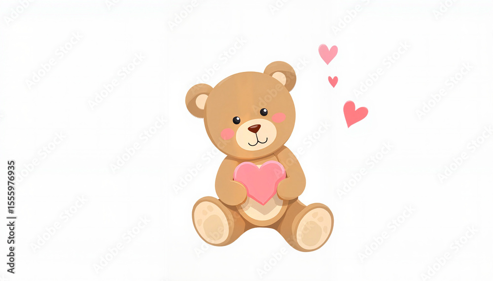 Obraz premium Cute teddy bear holding pink heart with floating hearts around 