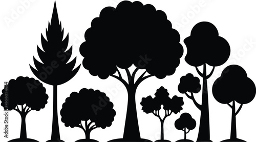 Set of black leaf silhouettes of deciduous trees with PNG background