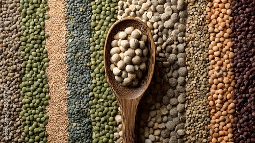 Top-down view of clean flat lay with olive wood spoon and rows of raw lentils, chickpeas, and fava beans