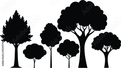 Set of black leaf silhouettes of deciduous trees with PNG background