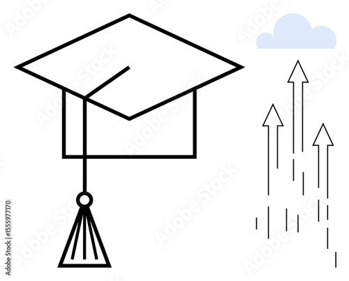 Graduation cap with tassel next to upward arrows and a light cloud representing progress, personal growth, and education. Ideal for achievement, career growth, opportunity, innovation, success