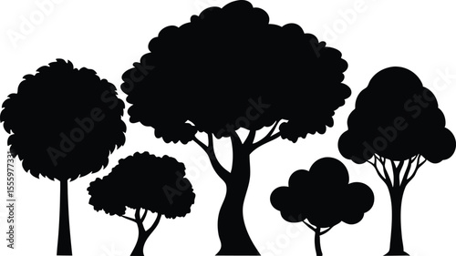 Set of black leaf silhouettes of deciduous trees with PNG background