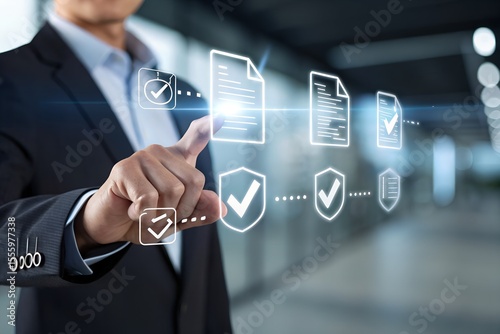 Touchless digital procurement workflow concept showing a hand selecting invoice documents with verification icons. Suitable for ERP software, B2B purchase management and paperless approval systems.