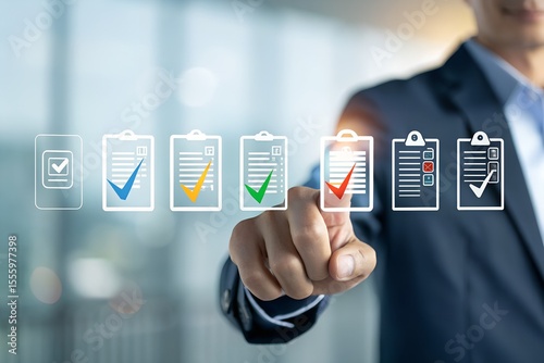 Touchless digital procurement workflow concept showing a hand selecting invoice documents with verification icons. Suitable for ERP software, B2B purchase management and paperless approval systems.