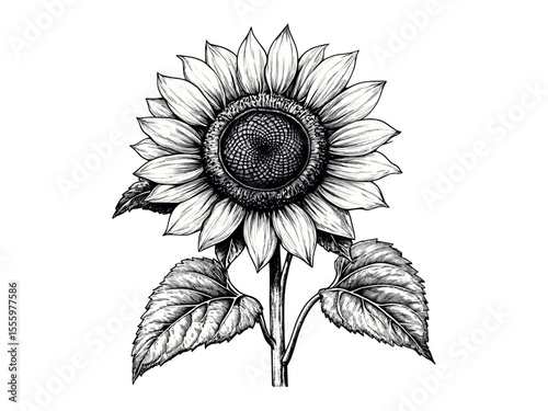 Sunflower engraving summer bloom, vintage botanical sketch, antique floral illustration, seasonal garden decor, black ink art, retro engraving style, rustic wall print, nature sketch