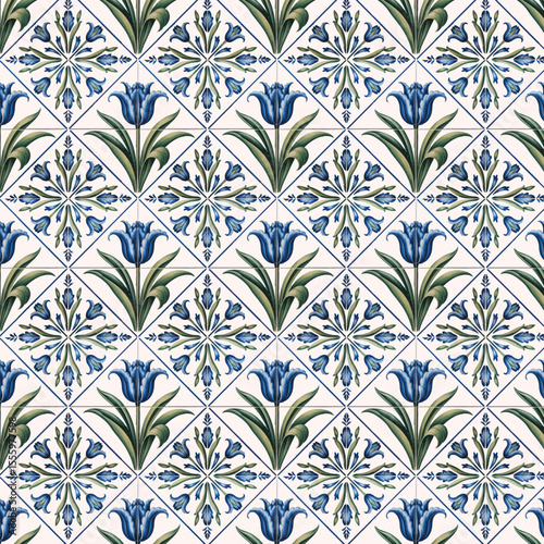 Cobalt Bloom Dutch Tulip Tile Elegance Pattern 