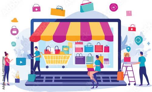 A seamless pattern of a city map with a cartoon train, bus, and car transports a child's toy shopping cart illustration