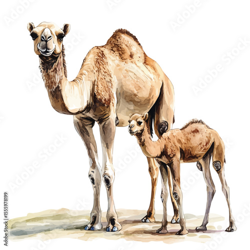 watercolor vector of A Mother Camel With Her Kid, isolated on a white background.