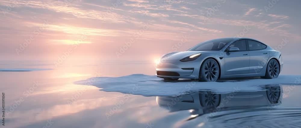 Elektroauto auf treibender Eisscholle bei Sonnenuntergang – Symbol für Hoffnung und Klimabewusstsein. Künstliche Intelligenz KI