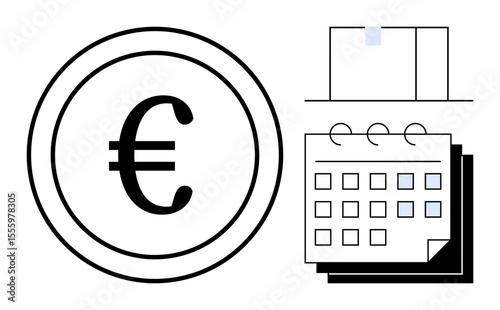 Large euro coin next to minimalist calendar and building outline. Ideal for finance, budgeting, deadlines, investment, real estate, economy, and savings. Modern flat style simple flat metaphor