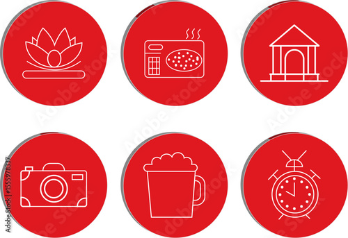 Collection of Icon: A vibrant collection of six icons featuring diverse symbols, from the serene lotus to the classic camera, each rendered in crisp detail on a striking red circle.
