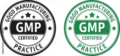 Two gmp certified seals in black and green on a white background