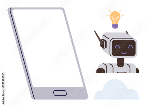 Smiling AI robot with antenna next to smartphone, light bulb signifying innovation, cloud for connectivity. Ideal for technology, AI, digital innovation, mobile apps, cloud computing, creative