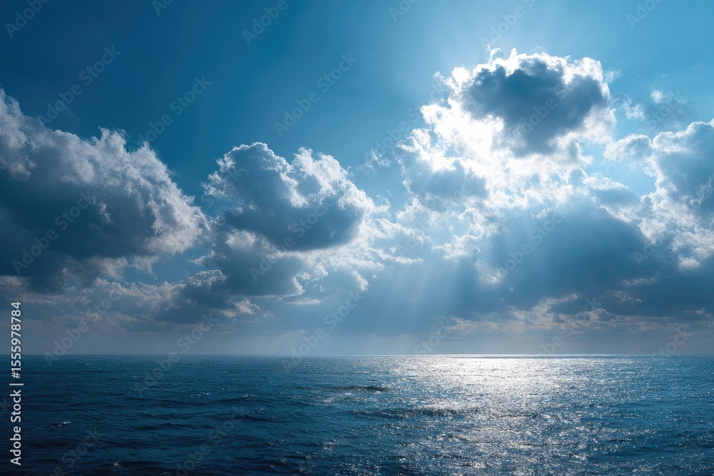 Obraz premium Sunbeams pierce fluffy cumulus clouds above a calm, deep blue ocean under a vibrant sky