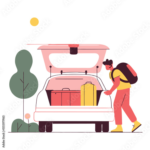 young man packing suitcases in a car