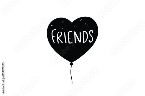 Black Heart Balloon with Friends Text on White Background