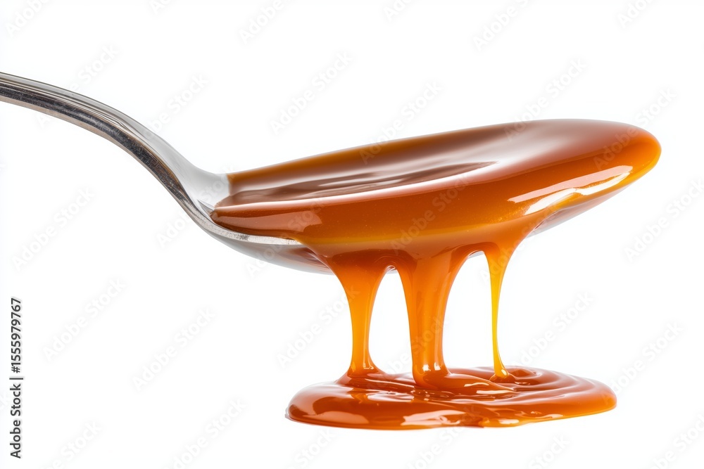 Fototapeta premium Dulce de leche spoon with caramel dripping elegantly, showcasing a sweet treat isolated against a clean white background