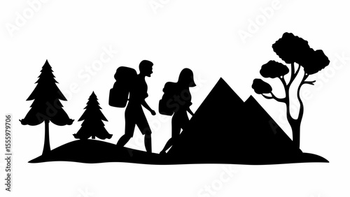 Silhouette of hikers with backpacks walking through a landscape with trees and a mountain peak view