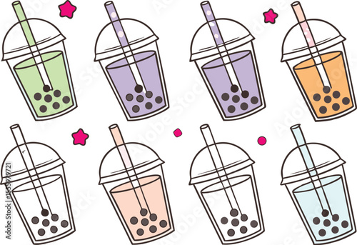 Colorful Bubble Tea Pattern with Pink Stars on a White Background