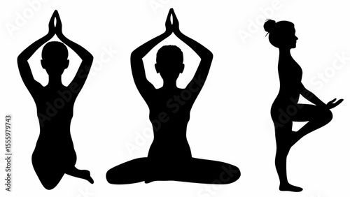 Silhouette of three women in various yoga poses including tree pose and hands above head pose centered