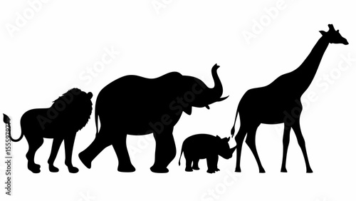 Silhouette depiction of a lion, elephant, rhinoceros, and giraffe in a row on a white background