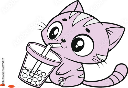 Cute Cartoon Cat Drinking Bubble Tea with Boba Illustration