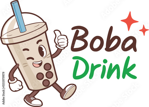 Happy Boba Drink Cartoon Character Giving Thumbs Up Approval