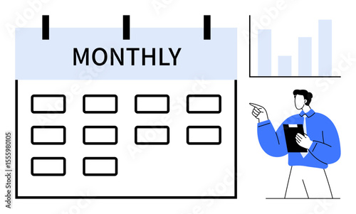 Large monthly calendar with boxes, man holding a clipboard pointing at statistics graph. Ideal for scheduling, project planning, time management, productivity, business strategy, analysis