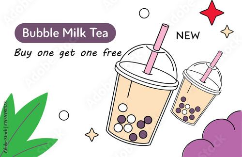 Cute Bubble Milk Tea Promotion with Buy One Get One Free Offer