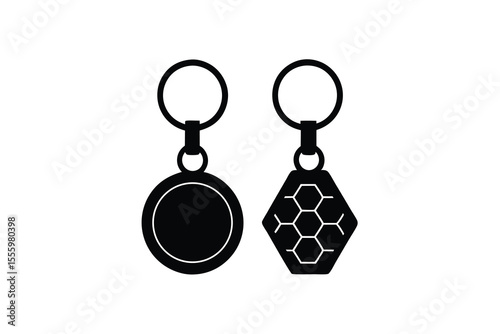 Two Black Keychains Circle and Hexagon with Honeycomb Pattern