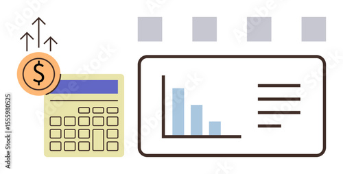 Calculator with upward arrows, currency coin, bar graph, and data chart. Ideal for finance, analytics, investment, budgeting business planning revenue accounting. Simple flat metaphor