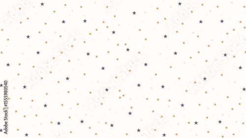 Seamless cute star pattern with gold, gray, and dark purple stars on cream background. Celestial vector for kids fabric, nursery wallpaper, baby shower, wrapping paper, and digital designs.