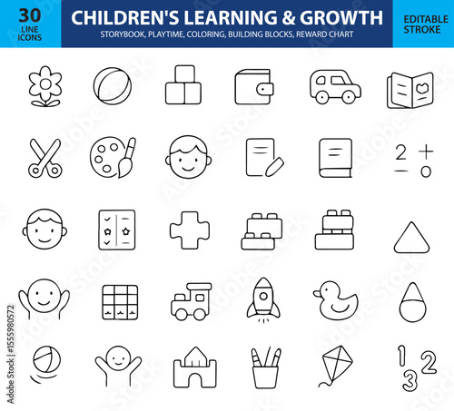 Children’s Learning and Growth Line Icons, ABC Blocks, Book, Puzzle, Plant, Brain, Graduation Cap, Crayons, and More , Editable Formats: AI, EPS, JPG, PNG , Ideal for Both Digital and Print Use

