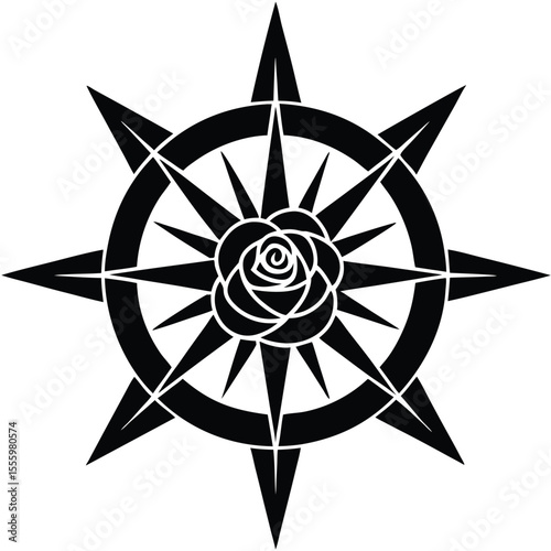 Black rose and compass design with sharp points on a white background