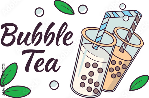 Cute Bubble Tea Illustration with Tapioca Pearls and Green Leaves