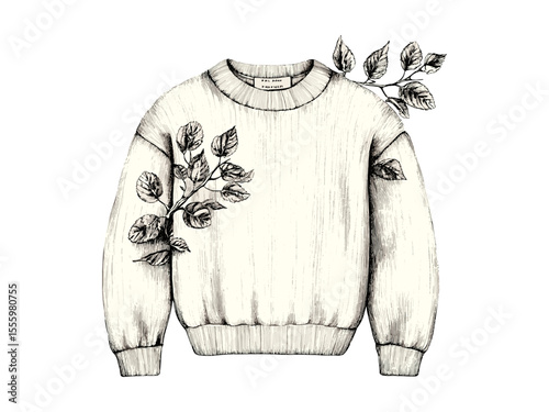 Black sketch fall sweater engraving, vintage autumn clothing, seasonal art hand-drawn style, old engraving technique, trendy cozy fashion, rustic seasonal apparel, autumn wear illustration