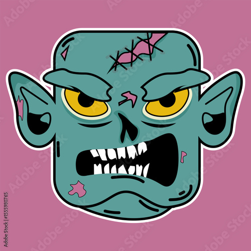 Funny cartoon zombie monster head illustration with a cute, evil smile and angry teeth, perfect for Halloween character art
