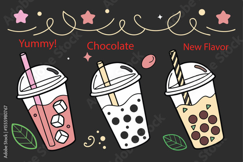 Three flavors of bubble tea with stars and decorative swirls