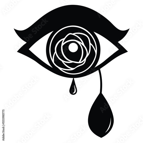 Stylized black and white eye with rose iris and falling tear drop