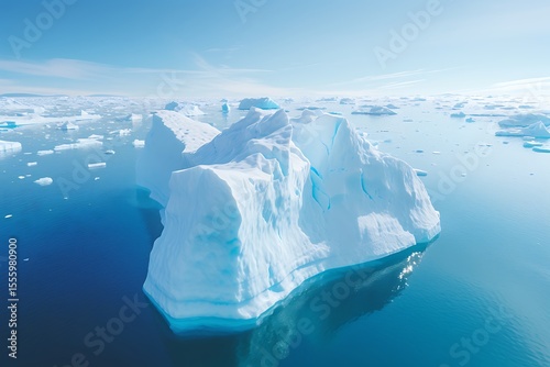 Antarctic landscape with icebergs in the glacial lagoon.