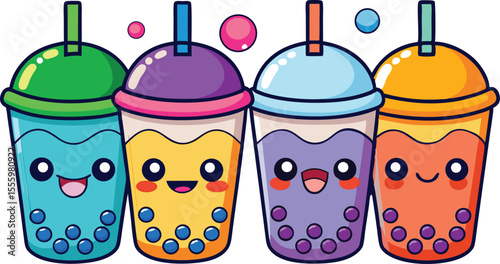Cute Cartoon Boba Tea Drinks with Smiling Faces and Colorful Toppings