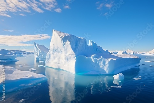 Antarctic landscape with icebergs in the glacial lagoon.