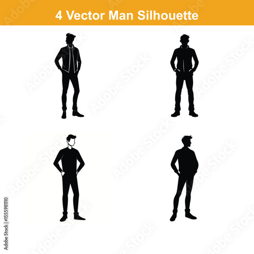 Man full body silhouette vector illustration, standing male figure profile, minimalist avatar design,