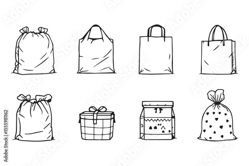 set of different type of 8 pcs Plastic bag line art and black color
